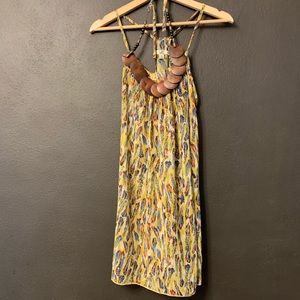 Silk feather pattern dress with wooden details!!